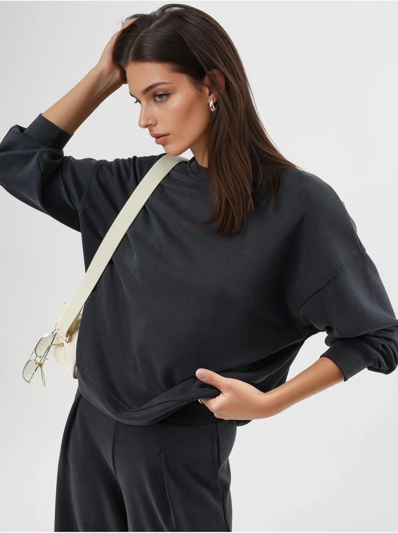 Sweat-shirt à col rond coupe décontractée busem Gris Noir - Kiabi