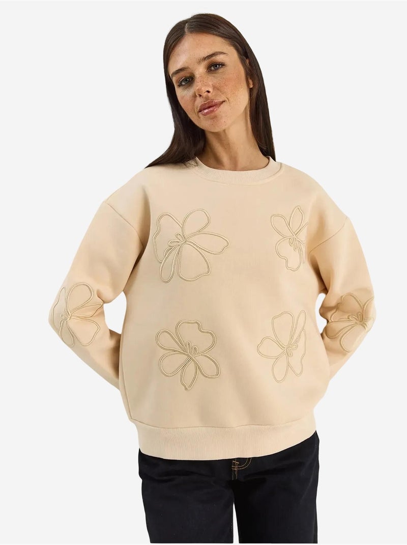 Sweat-shirt à manches longues et col rond brodé lucci Beige argile - Kiabi