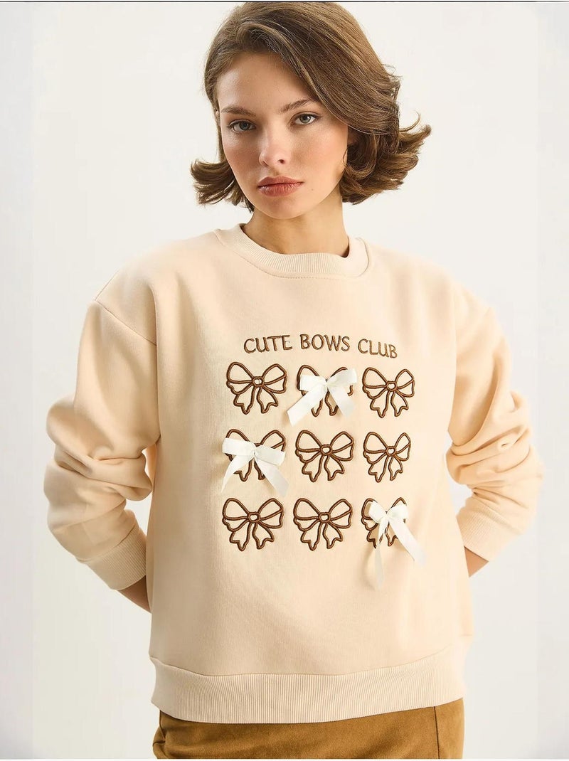 Sweat-shirt à manches longues et col rond imprimé côtelé lucci Beige argile - Kiabi