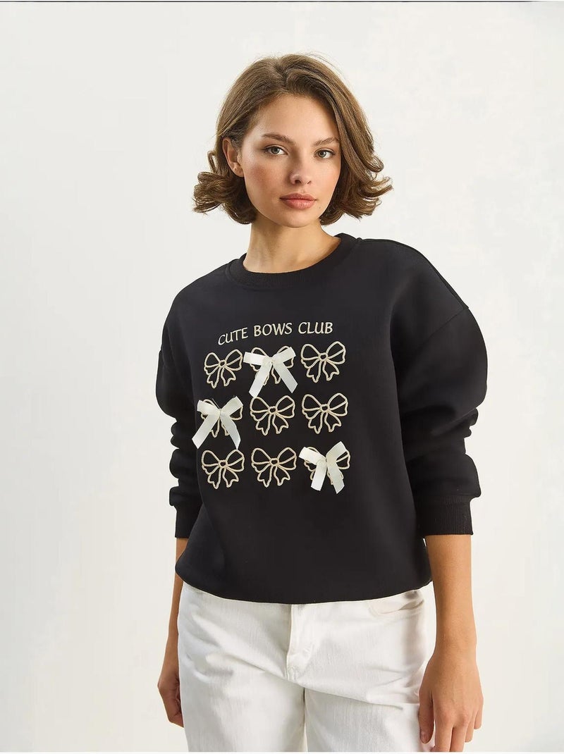 Sweat-shirt à manches longues et col rond imprimé côtelé lucci Noir - Kiabi