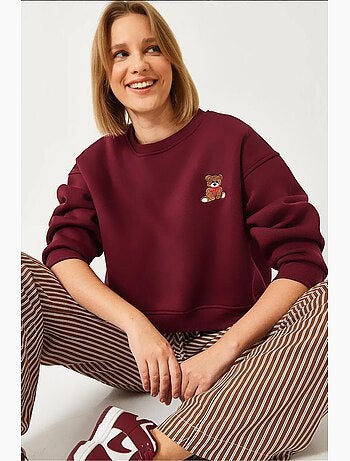 Sweat-shirt brossé trois fils avec broderie ours en peluche lucci