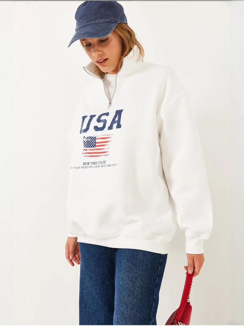 Sweat-shirt col montant demi-zippé à imprimé usa lucci Blanc - Kiabi