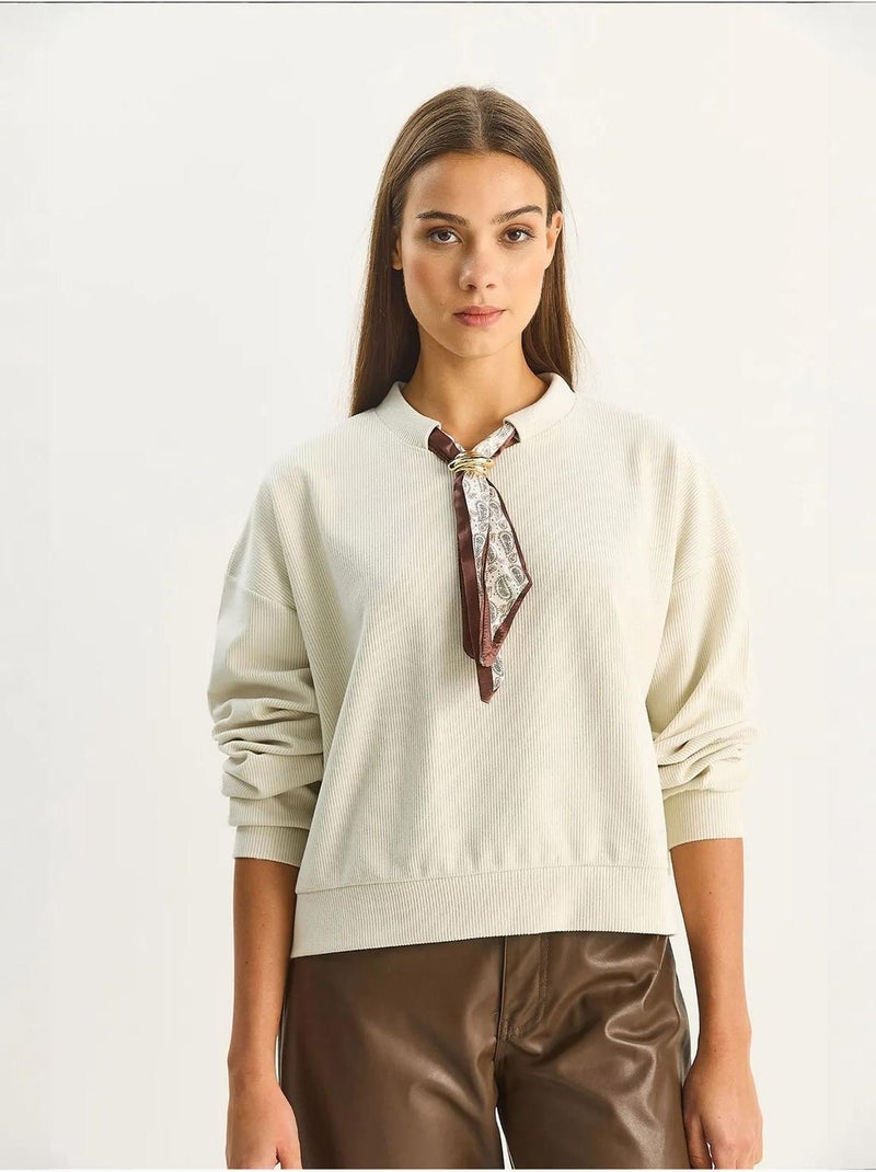 Sweat-shirt côtelé à col rond avec détail d'écharpe lucci Beige argile - Kiabi