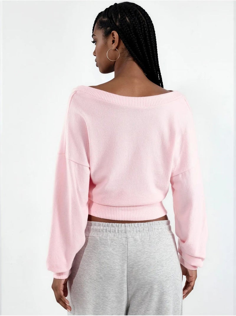 Sweat-shirt court femme col v busem Rose dragée - Kiabi
