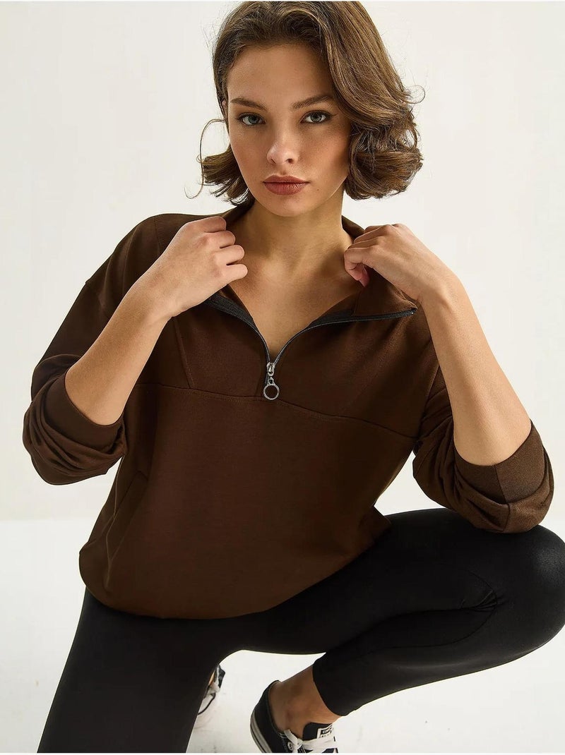 Sweat-shirt en maille à col zippé coupe décontractée lucci Marron foncé - Kiabi