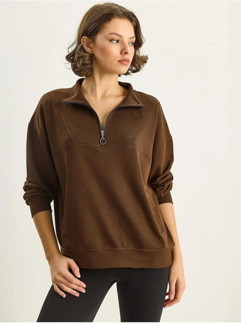 Sweat-shirt en maille à col zippé coupe décontractée lucci Marron foncé - Kiabi