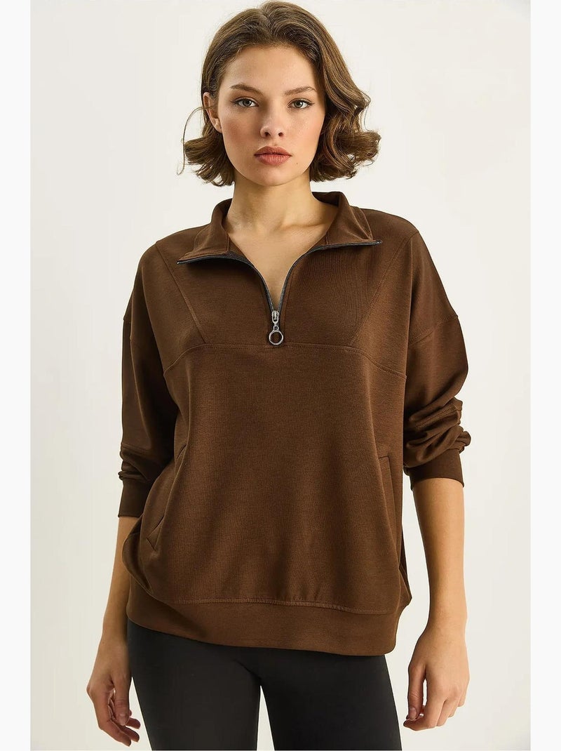 Sweat-shirt en maille à col zippé coupe décontractée lucci Marron foncé - Kiabi