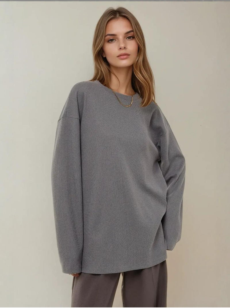 Sweat-shirt gaufré à col rond Gris - Kiabi