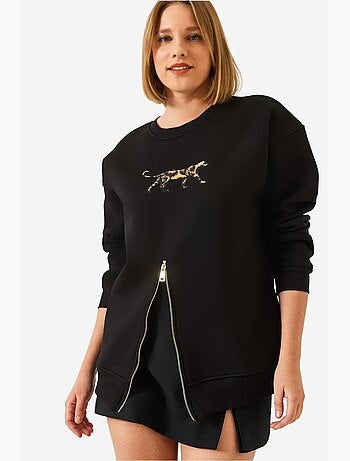 Sweat-shirt imprimé léopard à triple fil brossé et fermeture éclair sur le devant lucci