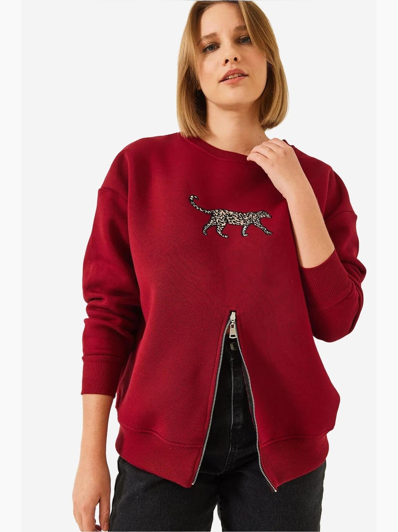 Sweat-shirt imprimé léopard à triple fil brossé et fermeture éclair sur le devant lucci Rouge bordeaux - Kiabi