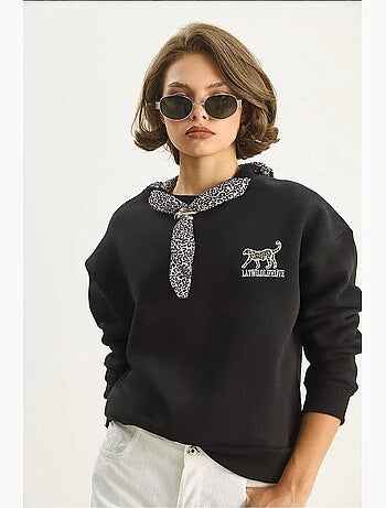 Sweat-shirt ras du cou brodé à imprimé léopard lucci