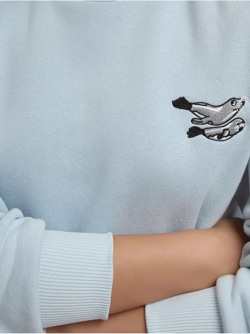 Sweat-shirt ras du cou brodé à motif animalier confortable hiccup Bleu pastel - Kiabi