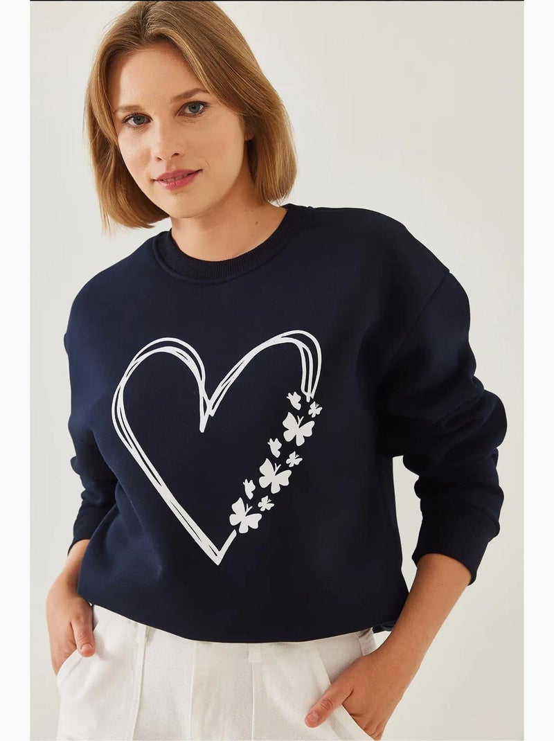 Sweat-shirt ras du cou en fil brossé imprimé cœur lucci Bleu marine - Kiabi