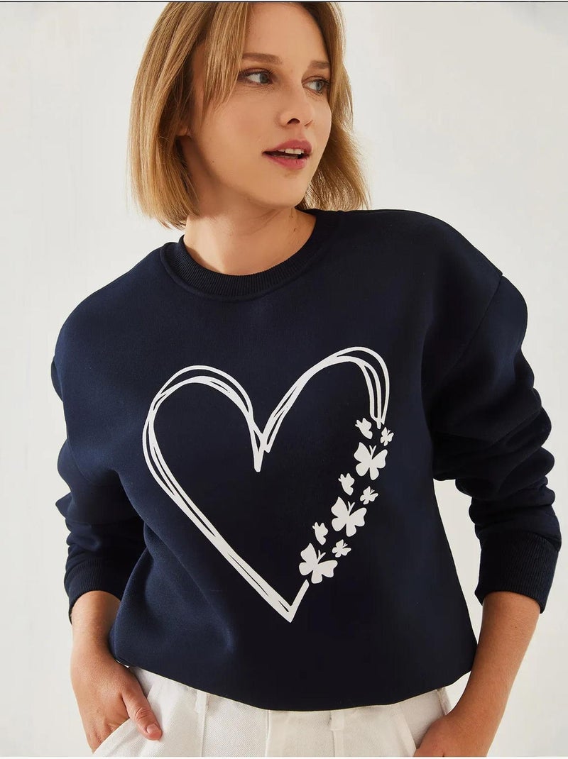 Sweat-shirt ras du cou en fil brossé imprimé cœur lucci Bleu marine - Kiabi