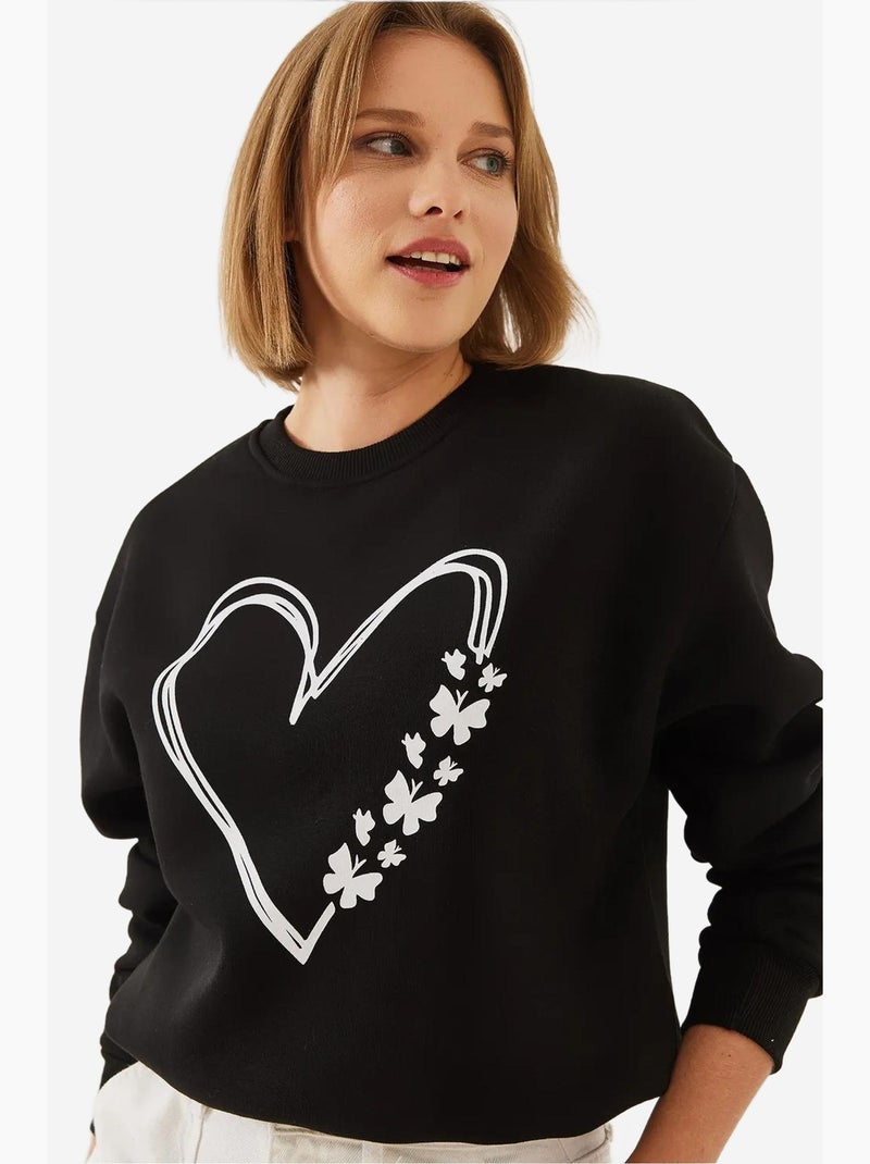 Sweat-shirt ras du cou en fil brossé imprimé cœur lucci Noir - Kiabi