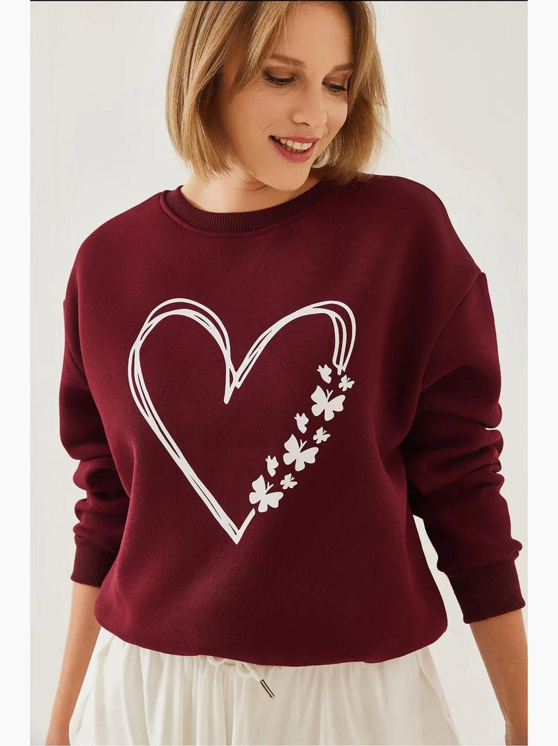 Sweat-shirt ras du cou en fil brossé imprimé cœur lucci Rouge bordeaux - Kiabi