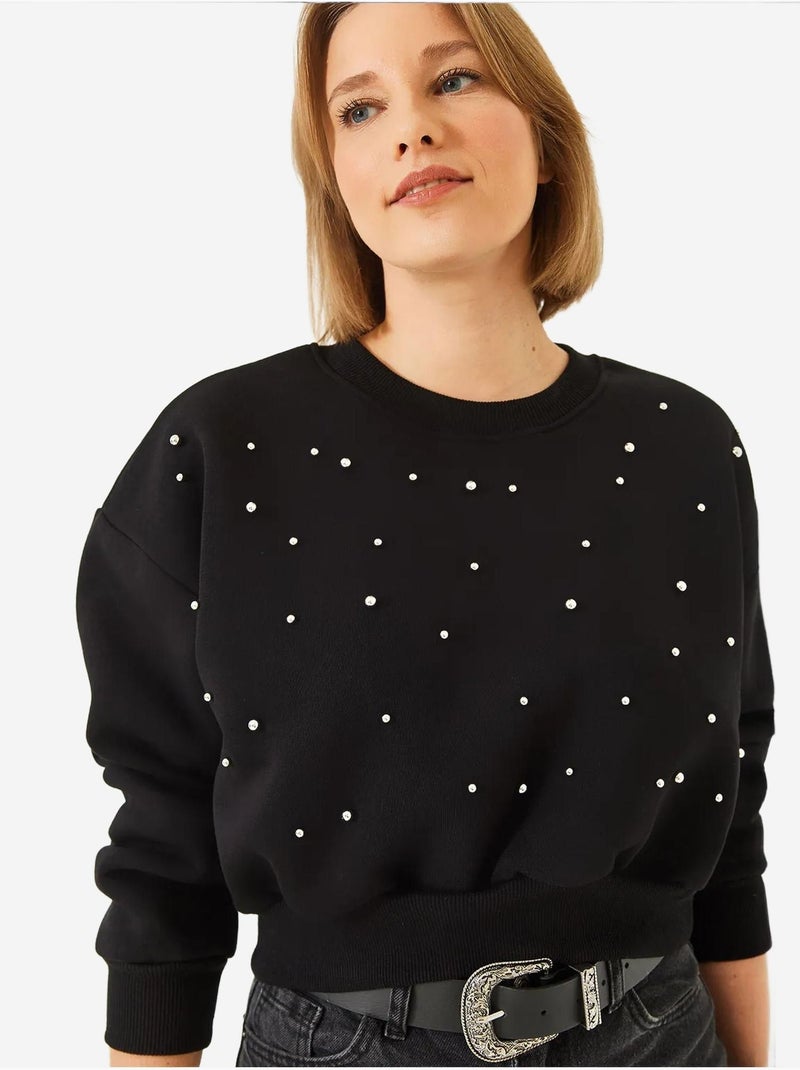 Sweat-shirt ras du cou en tissu brossé triple fil orné de perles lucci Noir - Kiabi