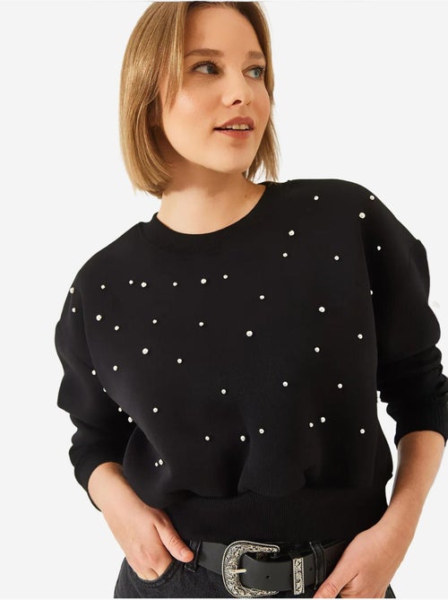Sweat-shirt ras du cou en tissu brossé triple fil orné de perles lucci - Kiabi Sweat-shirt ras du cou en tissu brossé triple fil orné de perles lucci - Kiabi