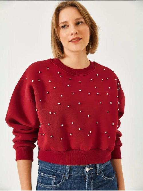 Sweat-shirt ras du cou en tissu brossé triple fil orné de perles lucci - Kiabi Sweat-shirt ras du cou en tissu brossé triple fil orné de perles lucci - Kiabi