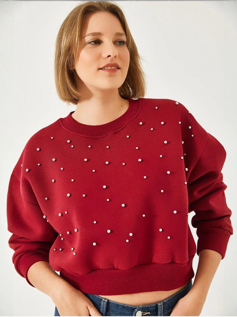 Sweat-shirt ras du cou en tissu brossé triple fil orné de perles lucci Rouge bordeaux - Kiabi