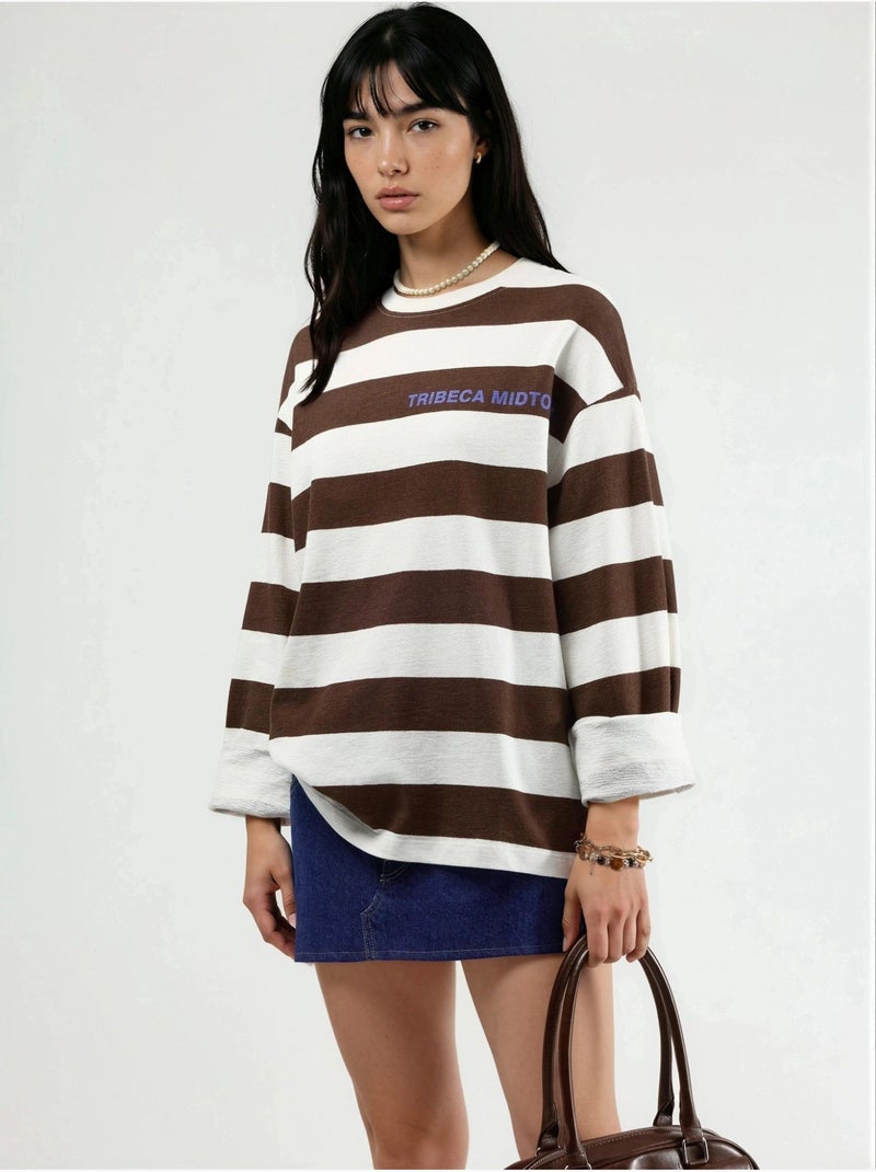 Sweat-shirt rayé oversize à col rond busem Marron clair - Kiabi