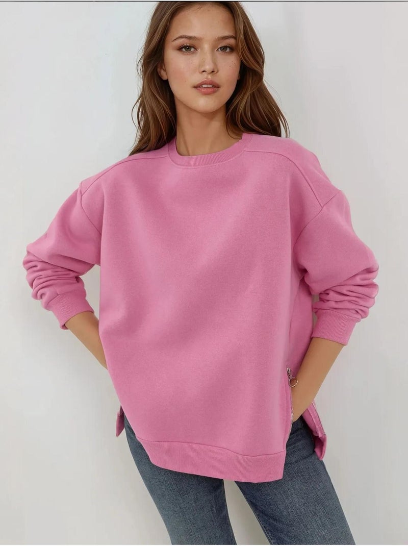 Sweat-shirt tricoté texturé à col ras du cou avec fermeture éclair hiccup Rose clair - Kiabi