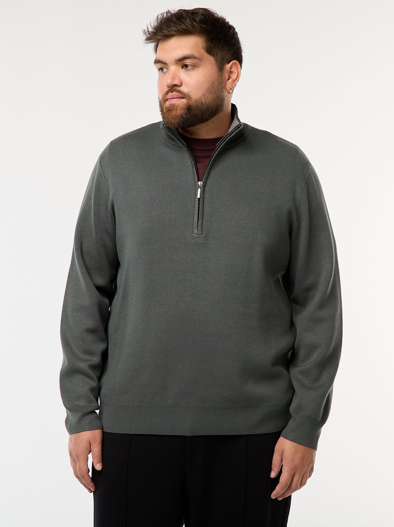Sweat uni avec col montant zippé façon camionneur Kaki - Kiabi
