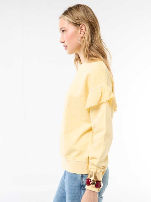 Sweat uni avec volants en borderies anglaises sur les manches - Kiabi