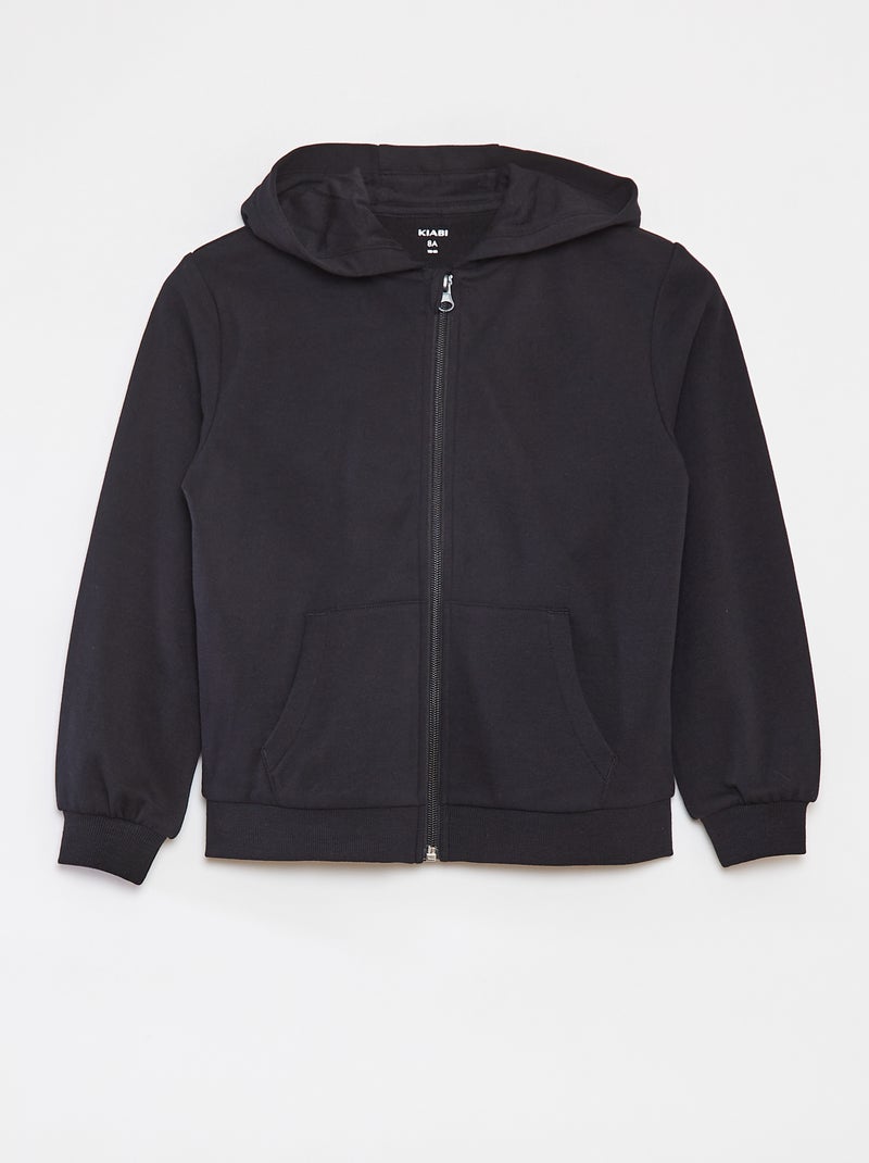 Sweat uni zippé à capuche noir - Kiabi