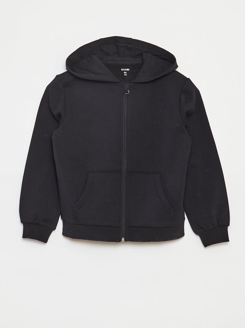 Sweat uni zippé à capuche noir - Kiabi