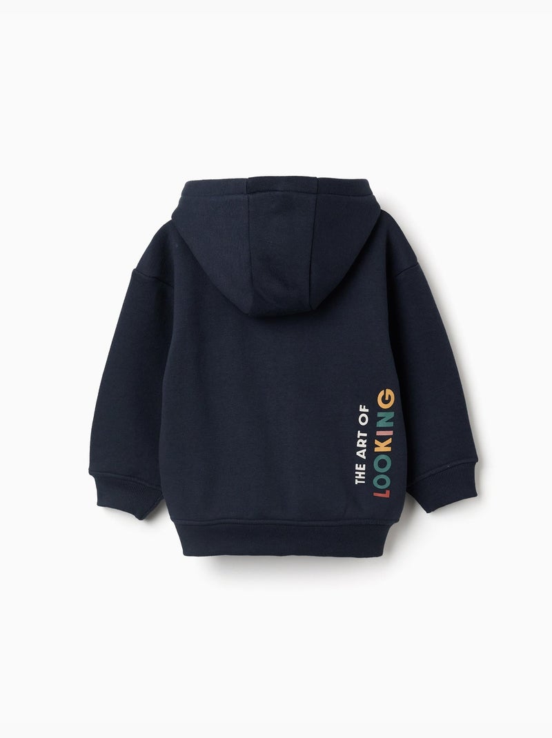 Sweat zippé à capuche en coton peigné avec imprimé Art of Looking Bleu foncé - Kiabi