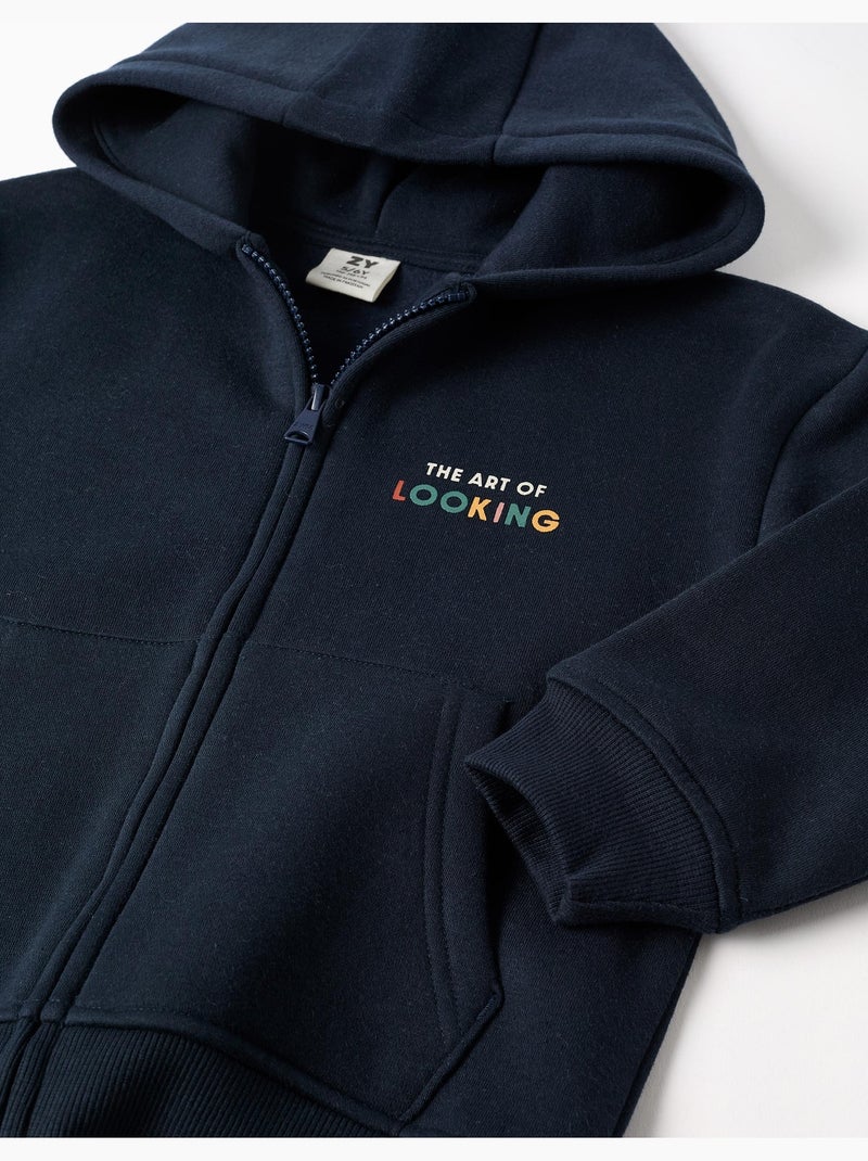 Sweat zippé à capuche en coton peigné avec imprimé Art of Looking Bleu foncé - Kiabi