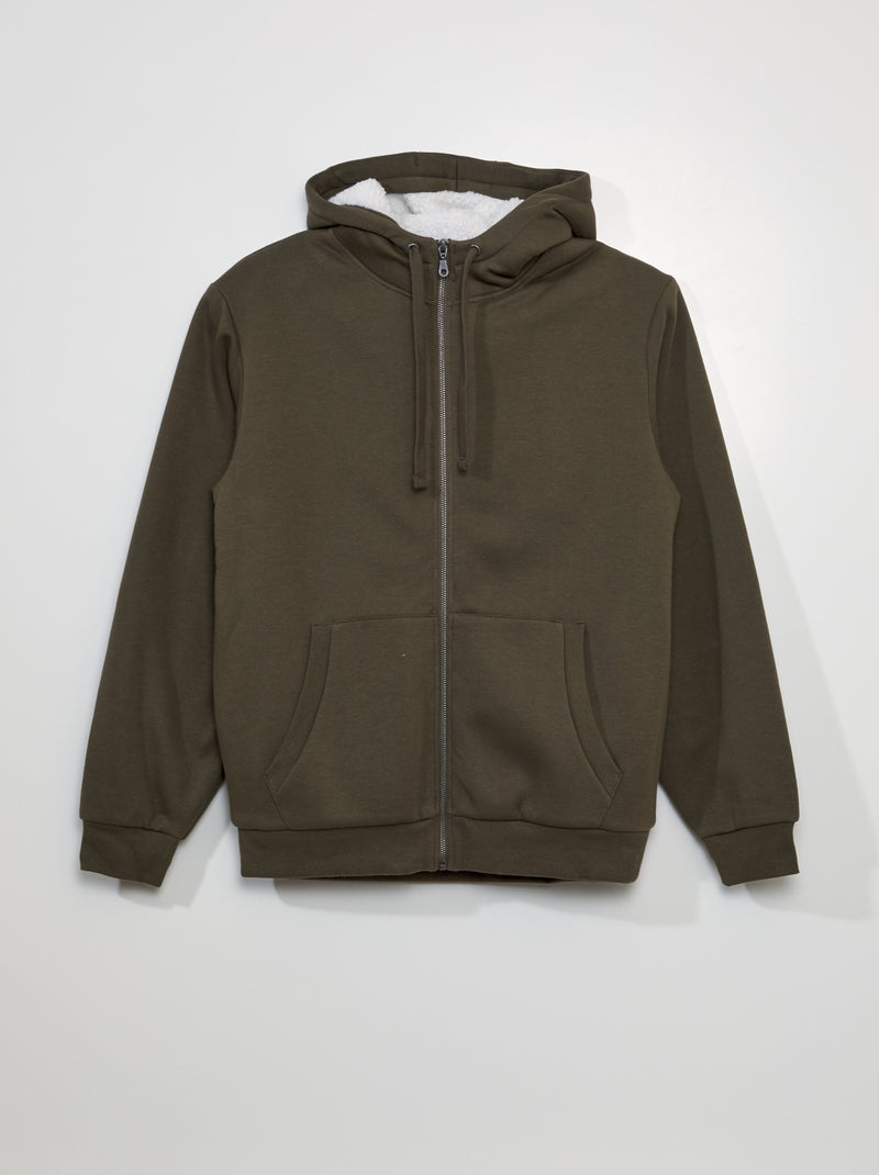Sweat zippé avec intérieur effet moutonné Kaki - Kiabi