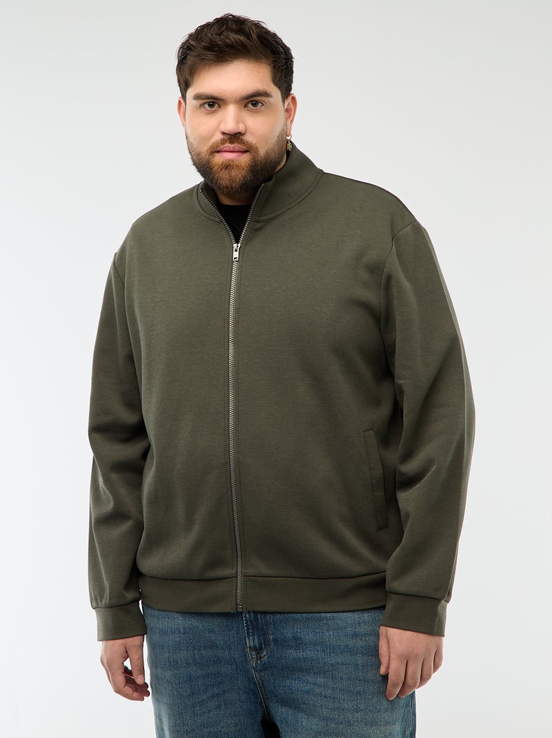 Sweat zippé col montant uni en coton Kaki - Kiabi
