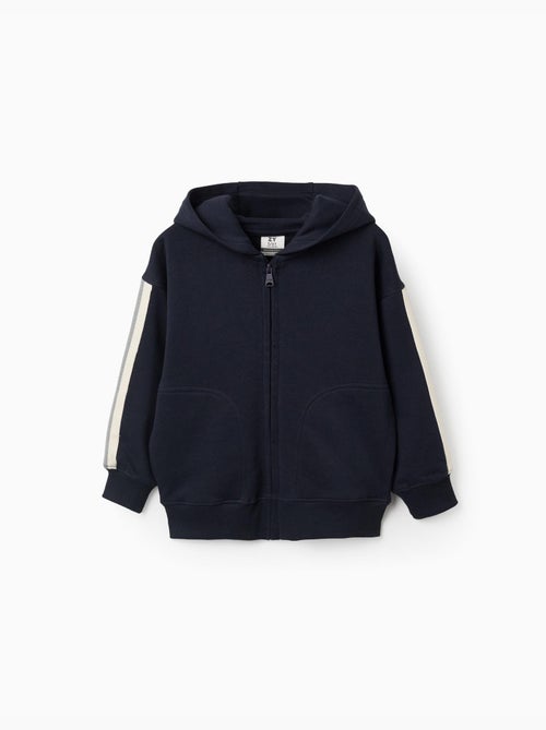 Sweat zippé en coton avec capuche et bande à rayures - Kiabi