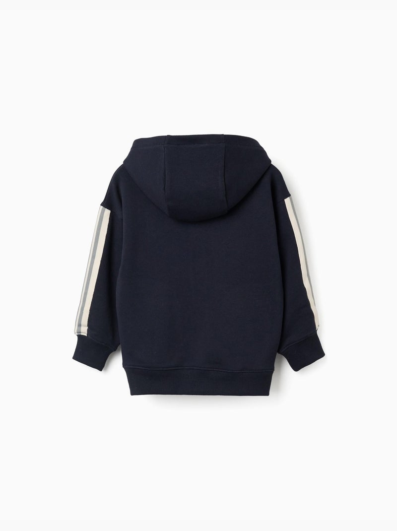 Sweat zippé en coton avec capuche et bande à rayures Bleu foncé - Kiabi