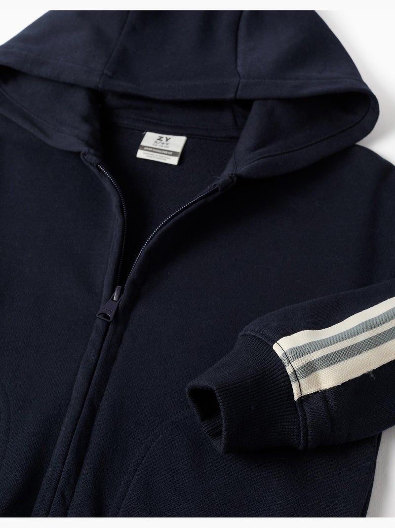 Sweat zippé en coton avec capuche et bande à rayures Bleu foncé - Kiabi