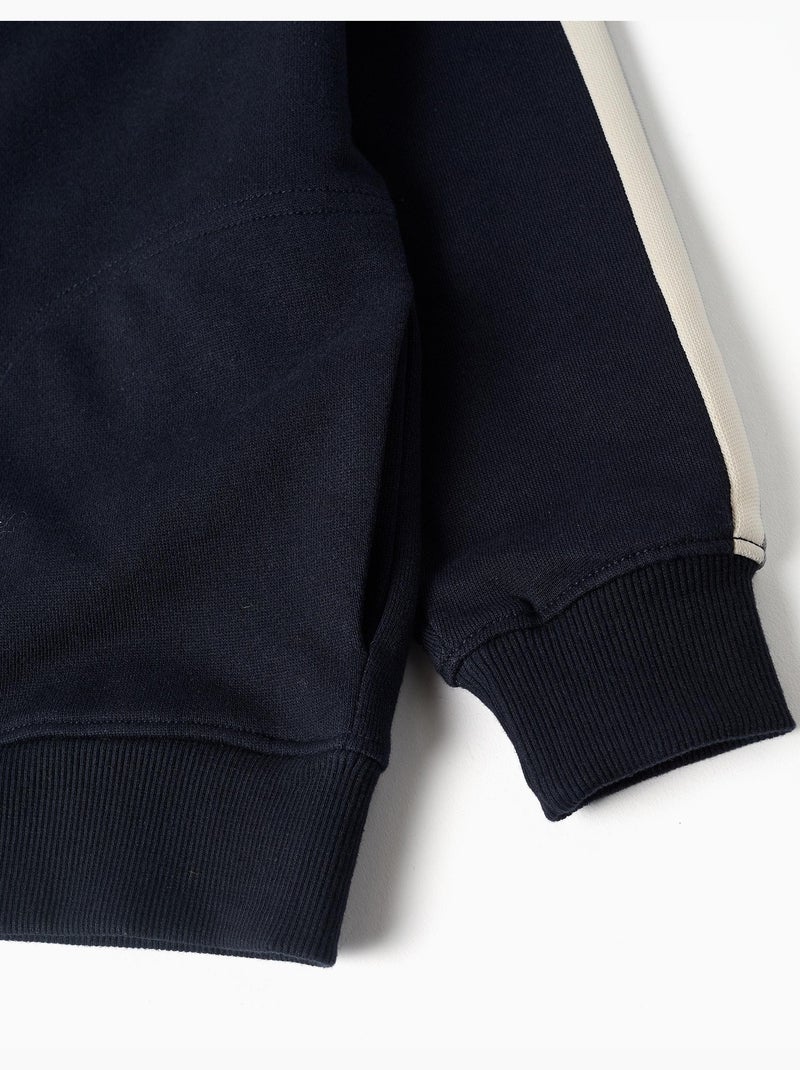 Sweat zippé en coton avec capuche et bande à rayures Bleu foncé - Kiabi