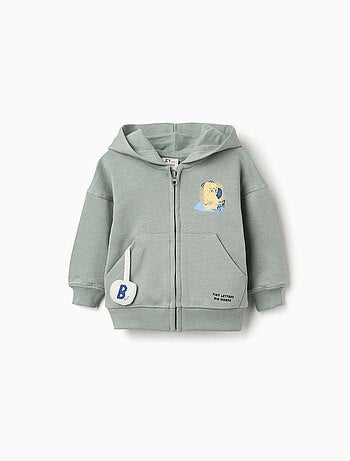 Sweat zippé en coton avec capuche et imprimé ours