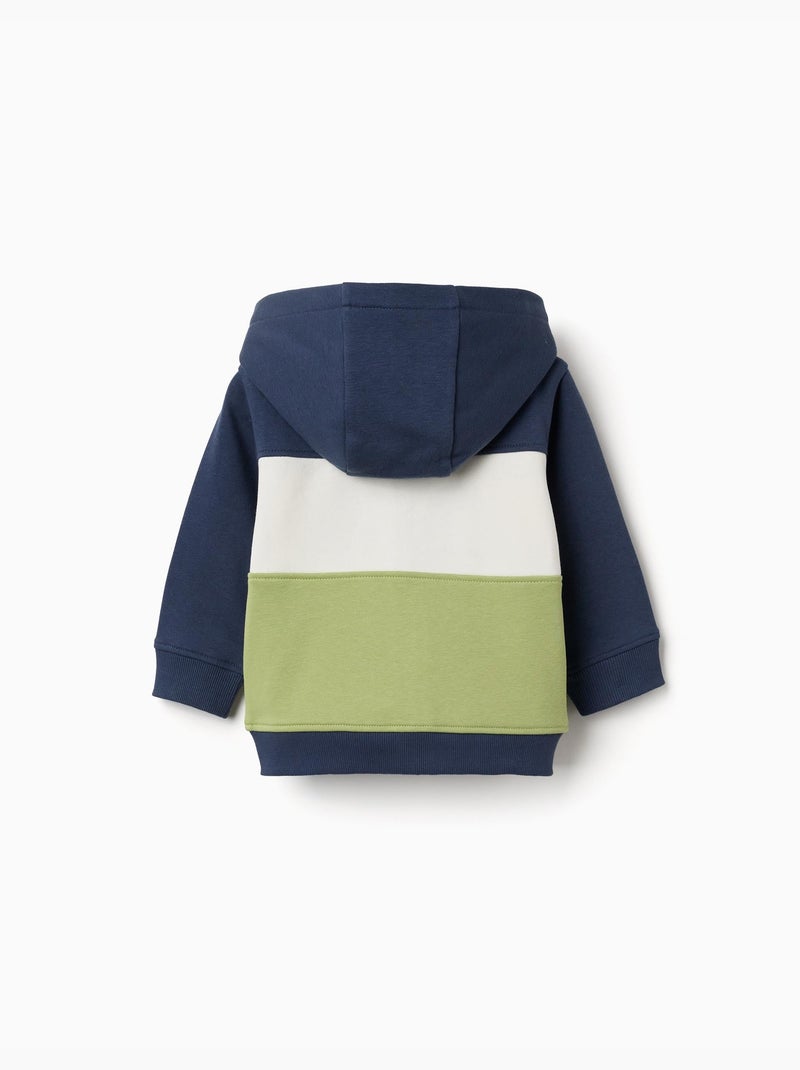 Sweat zippé en coton peigné à capuche et bloc de couleurs Bleu foncé - Kiabi