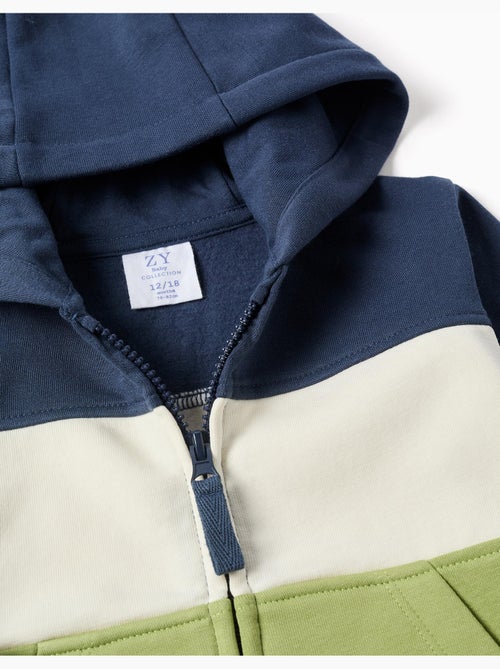 Sweat zippé en coton peigné à capuche et bloc de couleurs - Kiabi