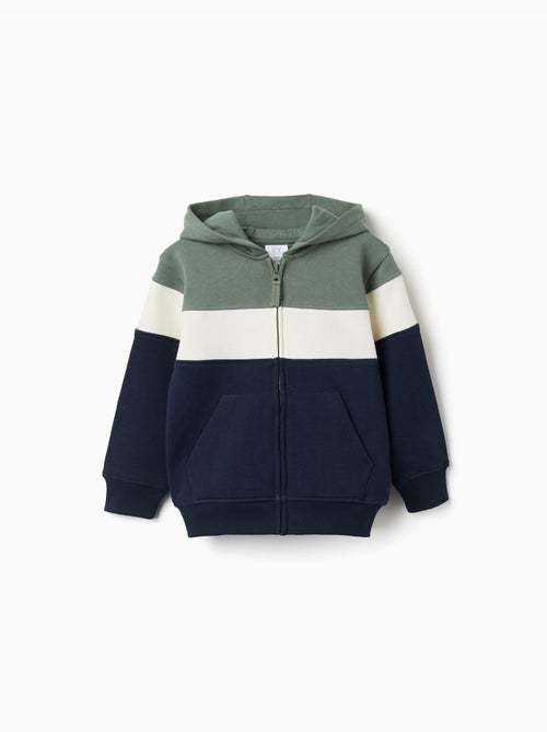 Sweat zippé en coton peigné à capuche et bloc de couleurs - Kiabi
