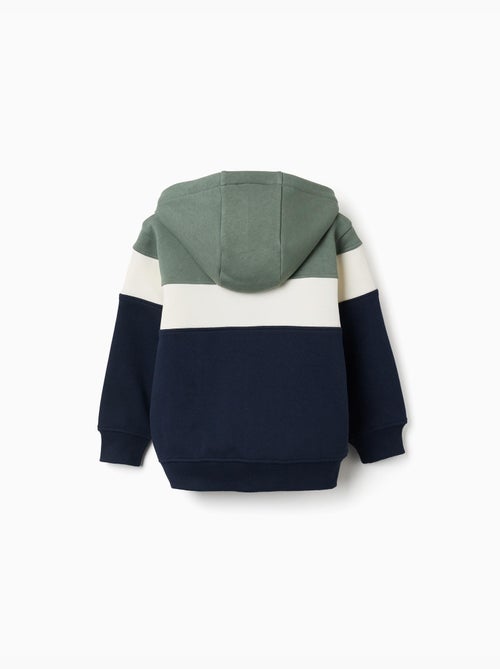 Sweat zippé en coton peigné à capuche et bloc de couleurs - Kiabi