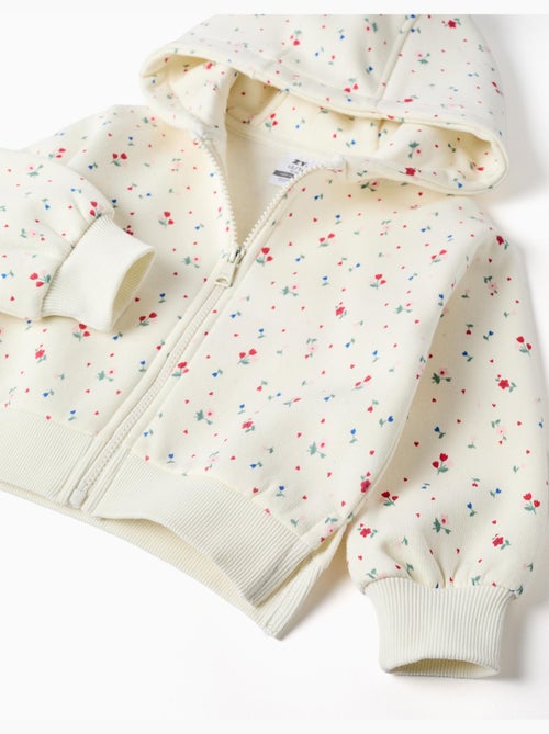 Sweat zippé en coton peigné à capuche et motif floral - Kiabi