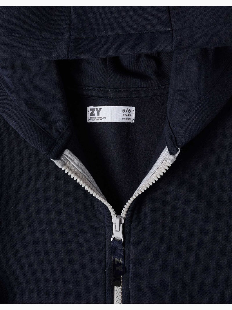 Sweat zippé en molleton avec capuche et doublure en coton peigné Bleu foncé - Kiabi