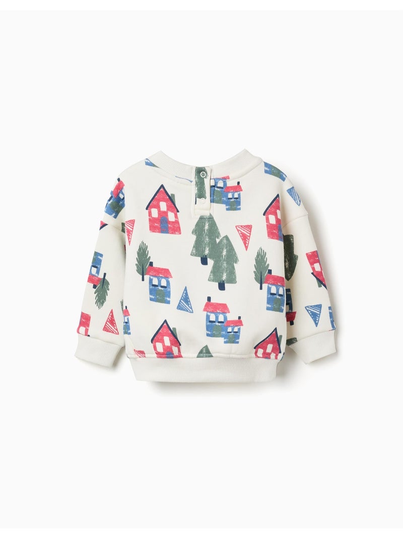 Sweater met fleecevoering en huisjesprint Wit - Kiabi