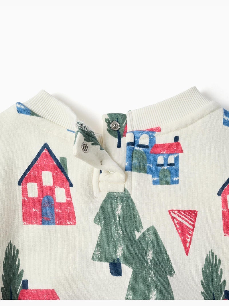 Sweater met fleecevoering en huisjesprint Wit - Kiabi