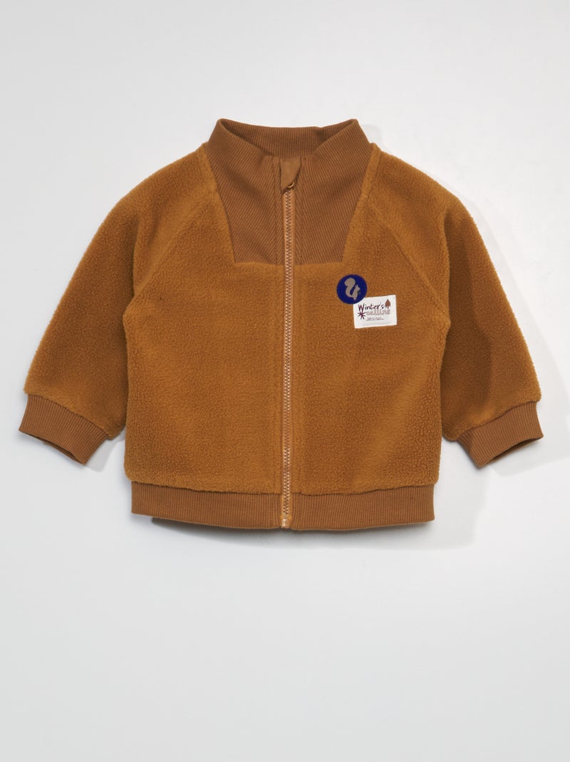 Sweater met schapenvacht effect met rits BRUIN - Kiabi
