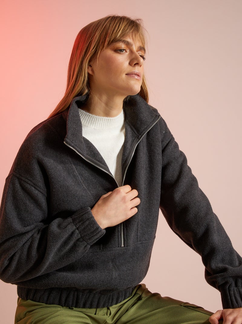 Sweater van fleecestof met rits GRIJS - Kiabi