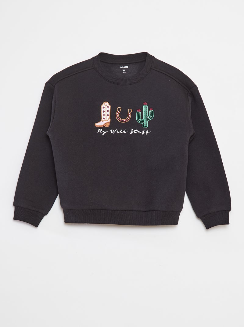 Sweater van joggingstof met borduursel en franjes op de mouwen Zwart - Kiabi